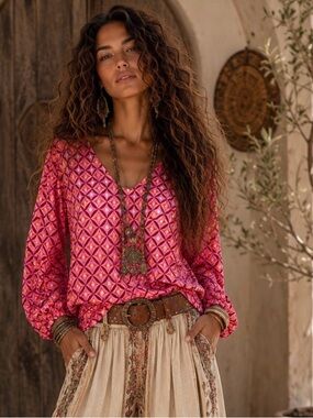 Summer 10 Bohemian Pink Geometric V-Neck Long Sleeve Blouse Medium